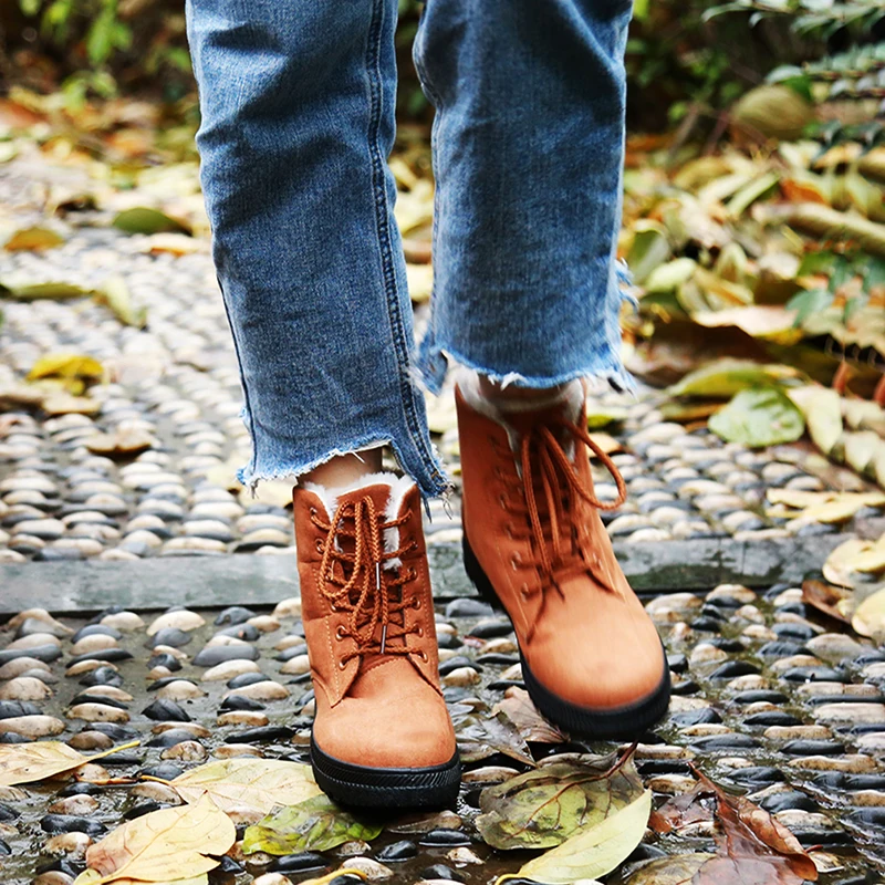 

2020 Winter Autumn Warm Fur Woman Boots Lace Up Rubber Ankle Boots Woman Platform Rubber Snow Boots Low Heels Winter Warm Shoes