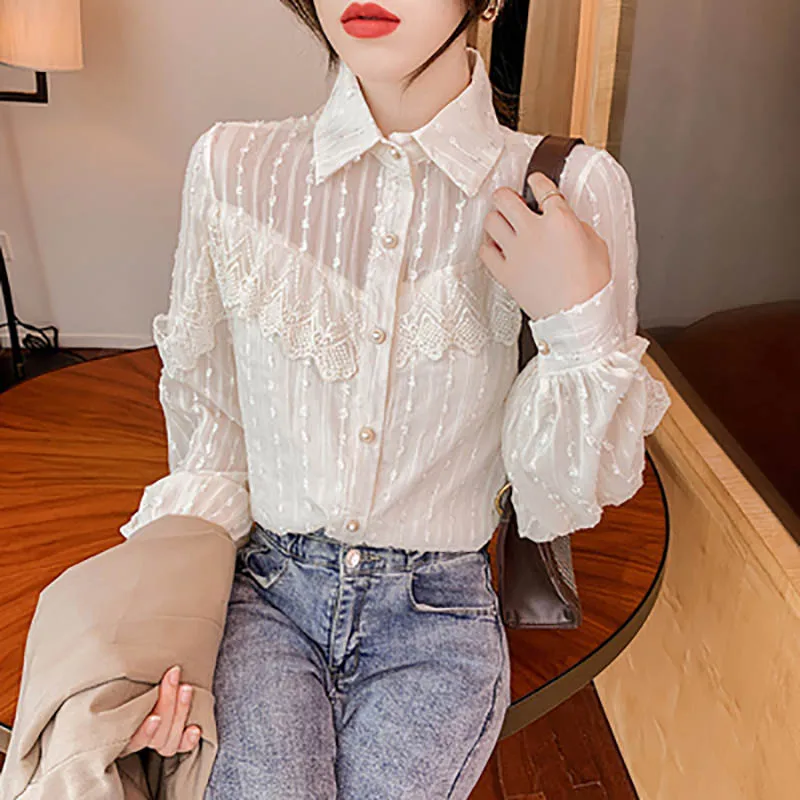 

Кружевная Весенняя рубашка в стиле пэчворк, женская модная белая элегантная однобортная блузка с длинным рукавом, женские дизайнерские топ...