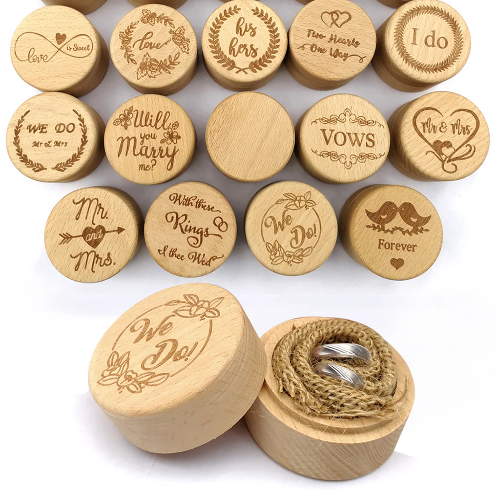 1Set Wooden Ring Box Natural Wood Carving Jewelry Display Box Country Wedding Rings Holder Proposal Valentines Day Gifts Decors