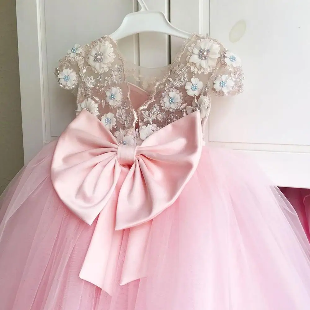 Pink Baby Girl Dresses 3D Flowers Pearls Tulle Little Girl Birthday Dresses Kids Clothes Pageant Gowns with Bow enlarge