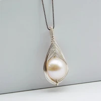 ladies pendant necklace natural round white freshwater pearl silver pendant hand braided water drop pendant silver necklace