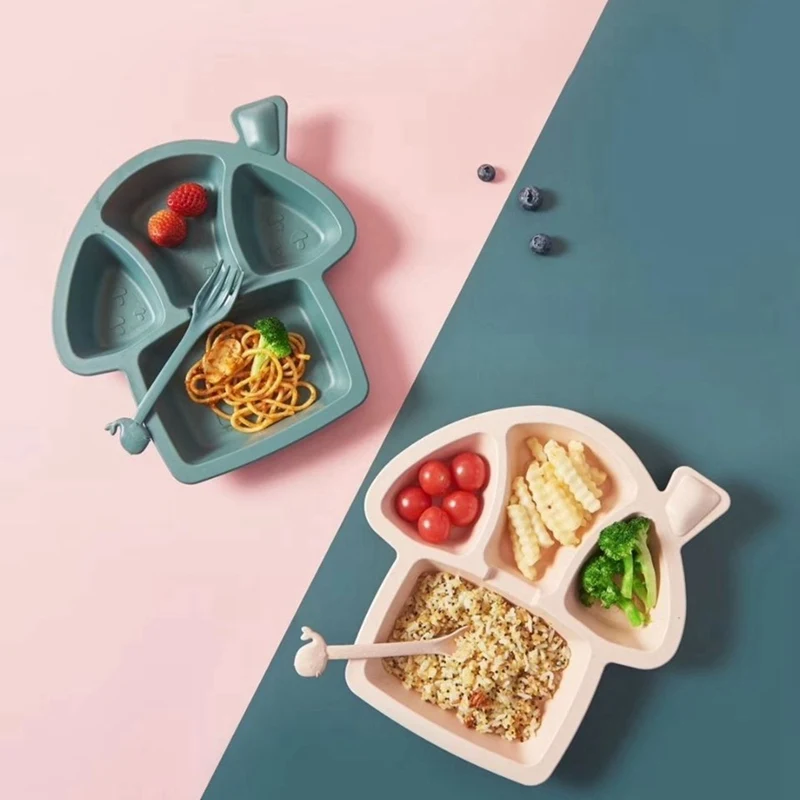 

Baby Bowl+spoon+fork Feeding Food Tableware Set Cartoon Kids Dishes Eating Dinnerware Anti-hot Wheat Straw Training Plate