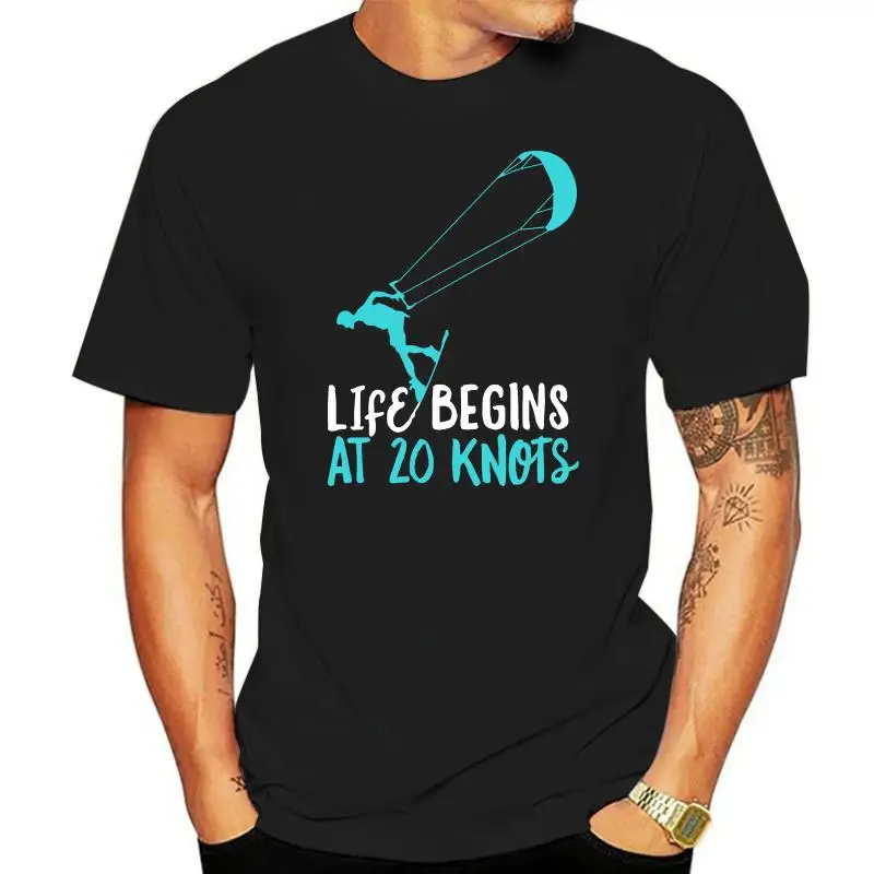 

Men Kitesurfing T-Shirt Life Begins 20 Knots Kiteboard T Shirt Designing Tee Shirt O Neck Slim Interesting Building Shirt