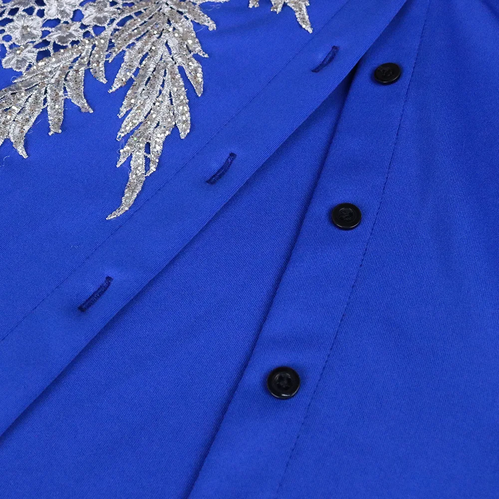 

Elegant Blue 2021 Summer Dress Women Mesh Lantern Sleeve Appliques Women's Casual Office Shirt Robe Female Maxi Vestido