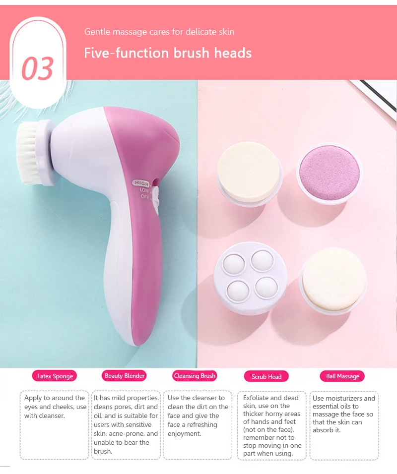 

5in1 Face Cleansing Electric Brush Latex Sonic Facial Cleaner Deep Pore Cleaning For Acne Face Massager Facial Tool Set Brush
