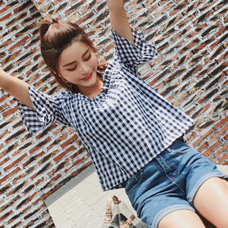 

2019 Summer Girls Korea Cotton Trumpet Sleeve squre collar Tops Wild Princess Ruffled PLAID Doll Shirt preppy style