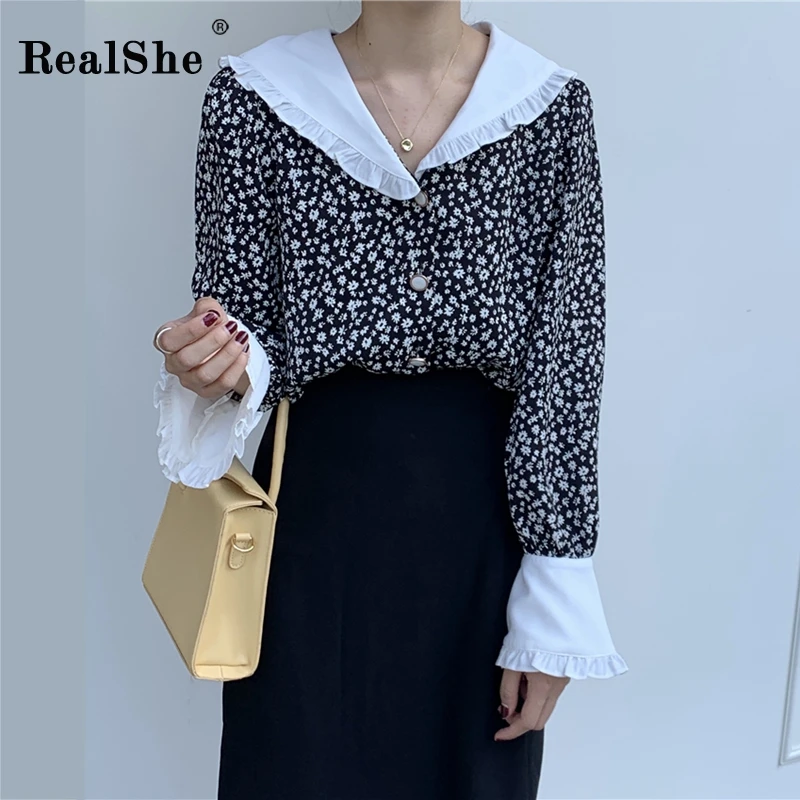RealShe женская рубашка с воротником Питер Пэн длинный рукав фонарик оборки блузка