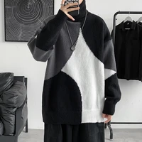 japanese diamond turtleneck knitted sweater winter square color block pullover harajuku fashion top men clothing 2020 fashion