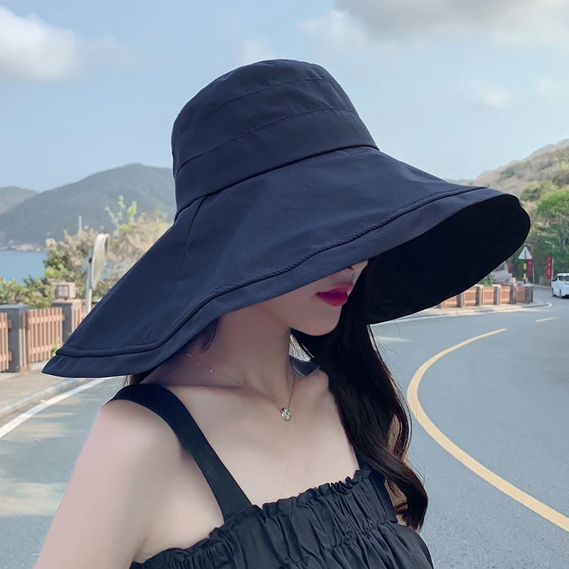 Summer Fashion Black Bucket Hat Women Korean Sunscreen Big Brim Fishermen Hats Chapeau Bucket Caps Panama Big Size Gorro