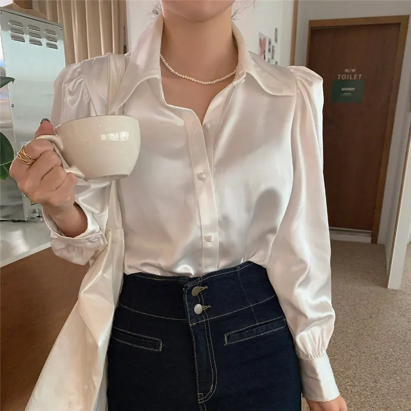 

HziriP 2021 Beige Satin Puff Sleeves Chic Solid Office Lady Hot Women Office Lady Blouses OL Elegant Shirt Loose Tops Female