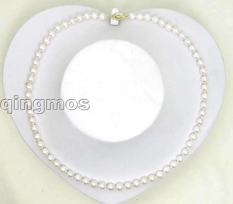 

Qingmos Fashion 6-7mm Round White Natural Freshwater Pearl Necklace for Woman with Golden Fishtail Clasp 17'' Chokers Necklace