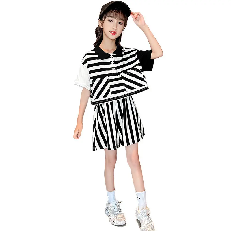 

Children's Clothing Sets Summer Turn Down Collar Top And Shorts Casual Sport Two Pieces School Teen Girls Korean Style Outfits