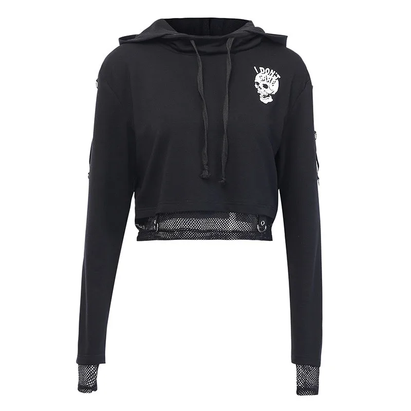

Halloween Costumes Womens Drawstring Hoodies Skull Print Long Sleeve Fishnet Patchwork Loose Women's Sweatshirts Streetwear Y2k