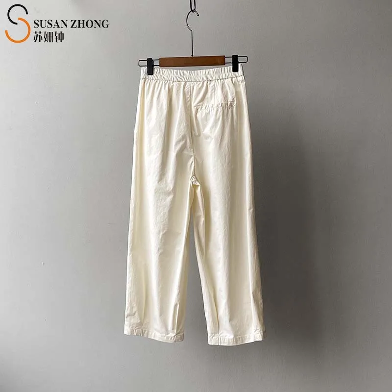 

Women Spring Trousers Casual Female Bloomers Pants Long Loose Straight Elastic Waist Zipper Fly Pocket Cotton Pleats Cozy Retro