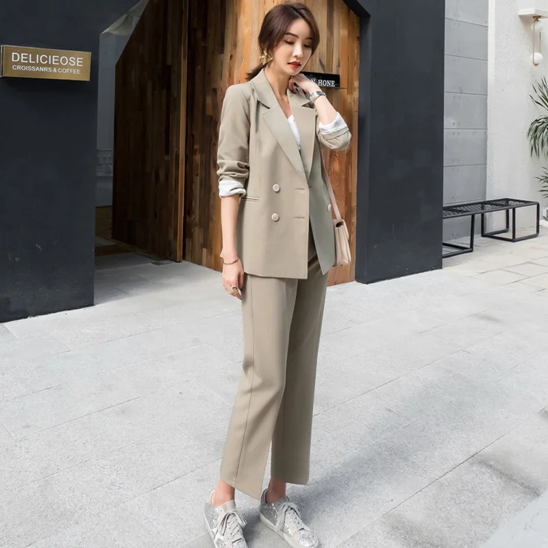 

Women Casual Two Pieces Sets Elegant Office Lady Pantsuit 2021 Autumn High Quality Double Breasted Blazer Classic Setup