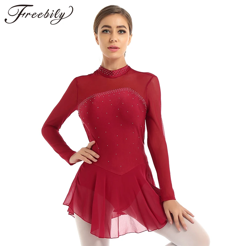 

Women Shiny Rhinestone Mesh Long Sleeve Figure Skating Dress Ballet Dancewear Gymnastics Leotard Competition Performance Costume