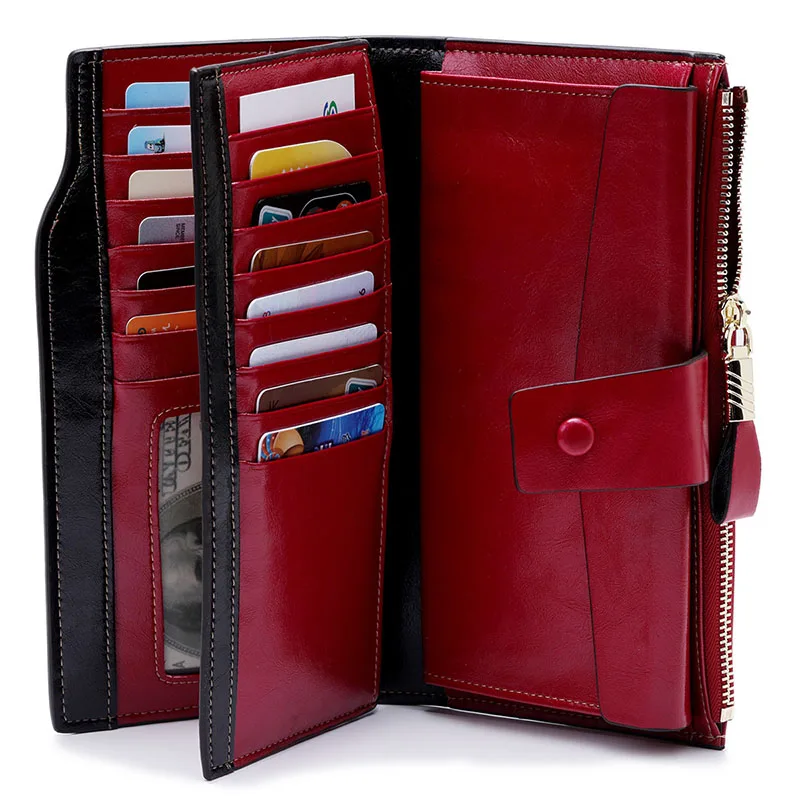 

New Genuine Leather Women Wallets Rfid Female Coin Purse Long Ladies Wallet Zipper Phone Case Hasp Card Holder Brown Purple Red