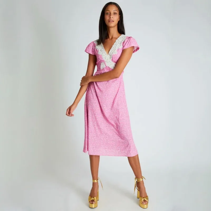 

2021 Summer Women's Sling Camisole Lace Hollow Out Embroidered Back Tie V-Neck A-Line Skirt Dress Pink