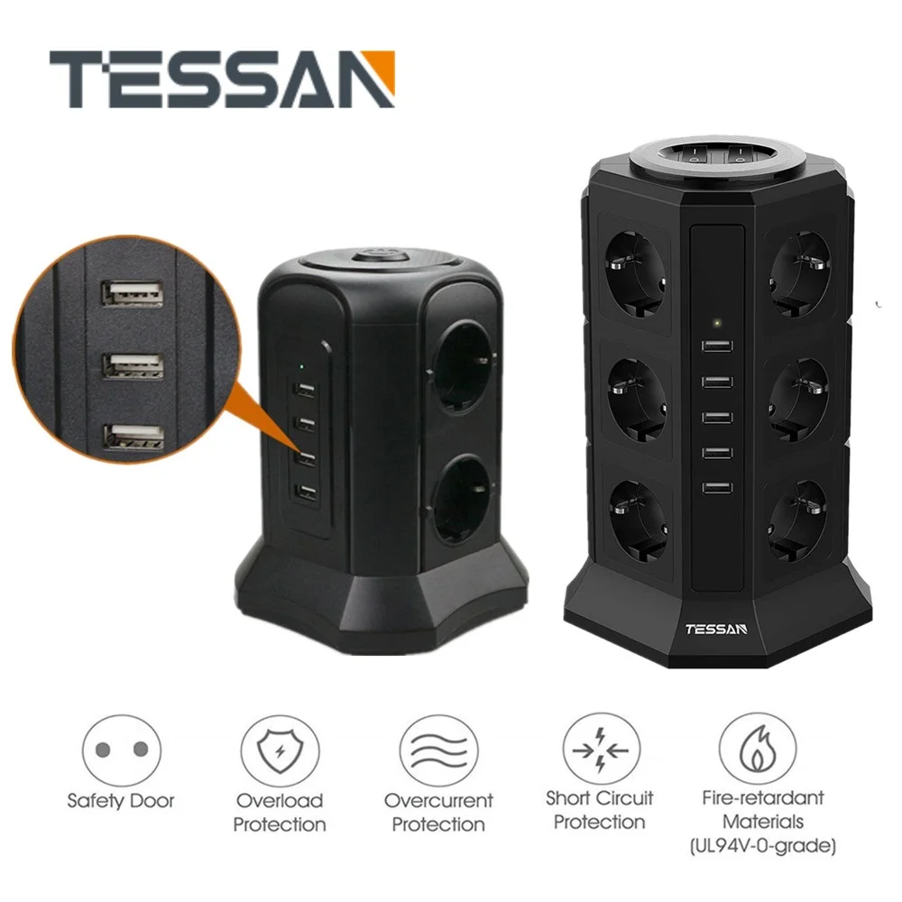 TESSAN EU Plug Power Strip Tower with 5 USB Charger Ports + 12 Sockets 2M/6.5ft Extension Cord Overload Protector Switch On/Off