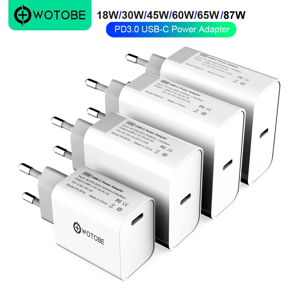 USB C адаптер питания 18 Вт 30 45 60 65 87 PD/QC3.0 кабеля зарядное устройство для xiaomi Huawei