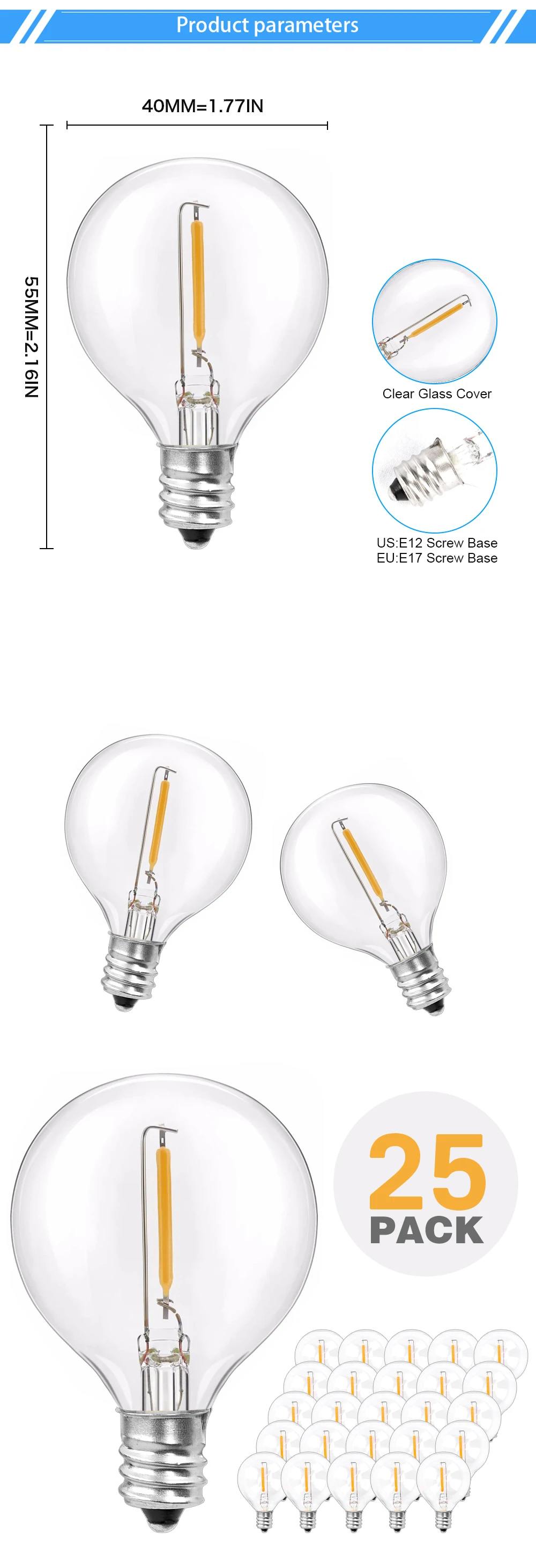 25 шт. G40 1 Вт Светодиодный строка Замена огней лампочки E12 220V 110V теплый белый 2700K светодиодный лампы заменить G40 5W 7W лампы накаливания