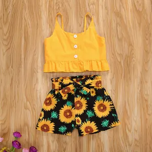 Одежда Pudcoco для маленьких девочек, летние безрукавные U-образные майки с оборками, шорты с принтом подсолнухов и поясом, комплект из 2 предметов