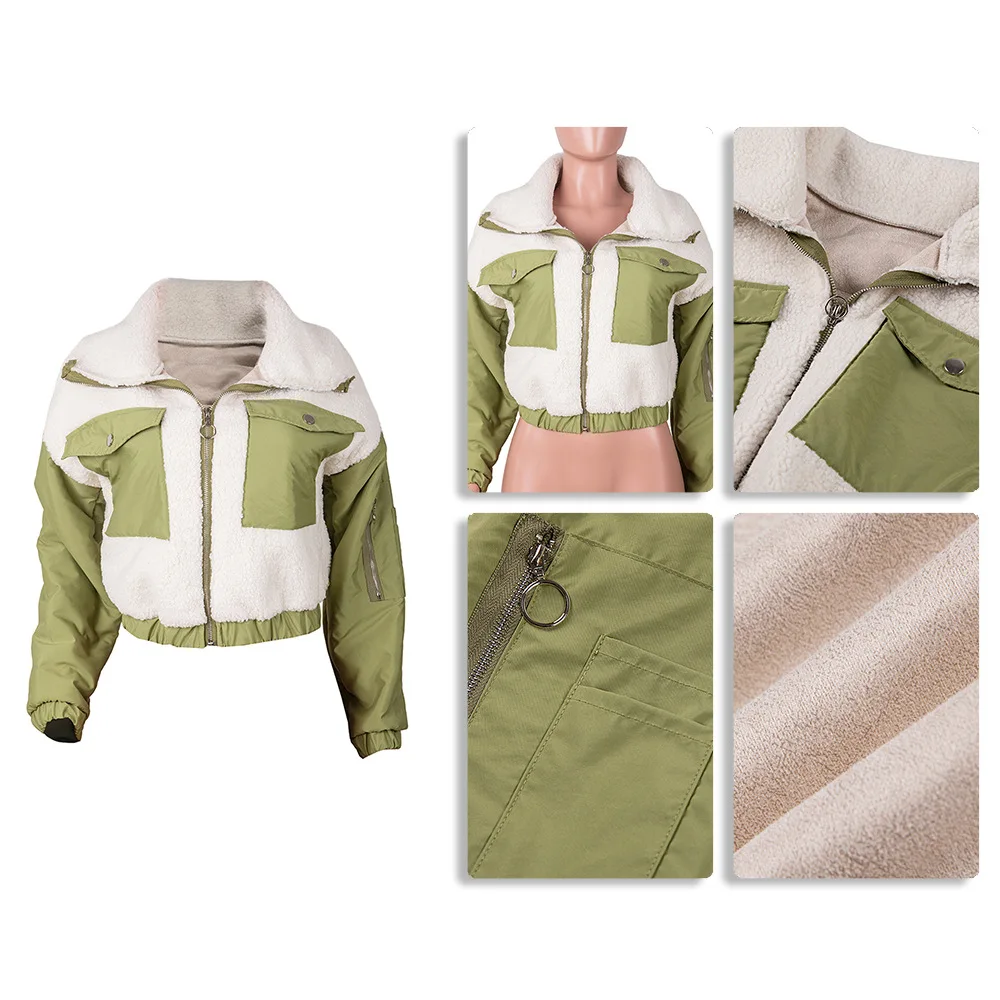

Women orange green lambwool patchwork coat 2020 fall winter turn-down collar outwear Fashion faux fur coat overcoat abrigo mujer