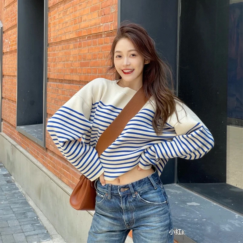 

Women Fashion Pullover Sweaters High Quality Round Collar Striped Oversize Knitted Sweater Casual Clothes