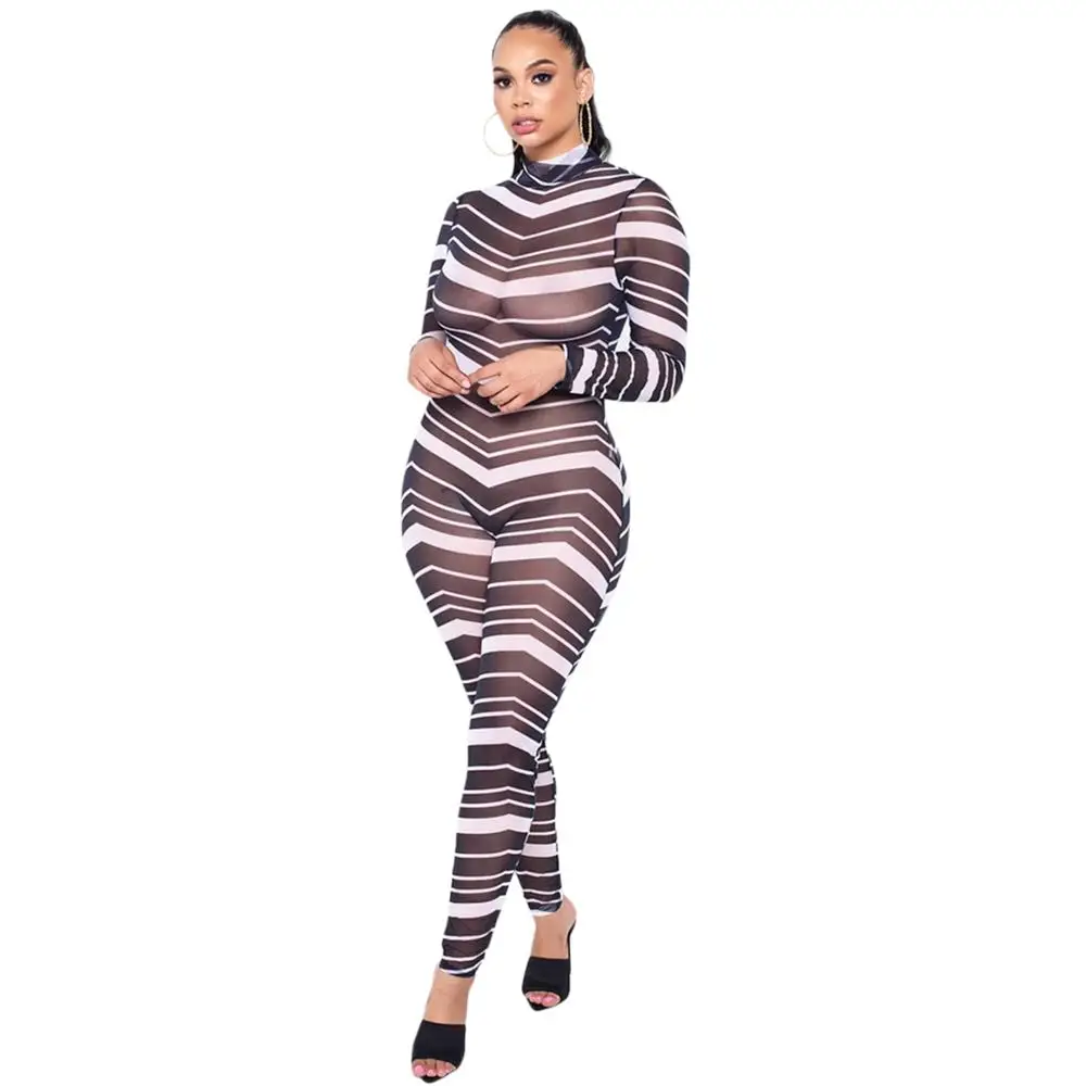 

Women Sexy Outfits Long Sleeve See-through Mesh Jumsuit Club Stripe Print Bodycon Jumpsuits