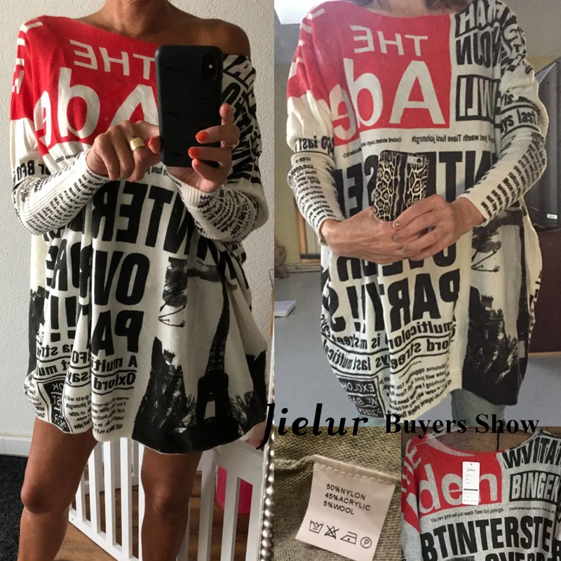 Женский Длинный свитер Jielur Повседневный пуловер большого размера с буквенным