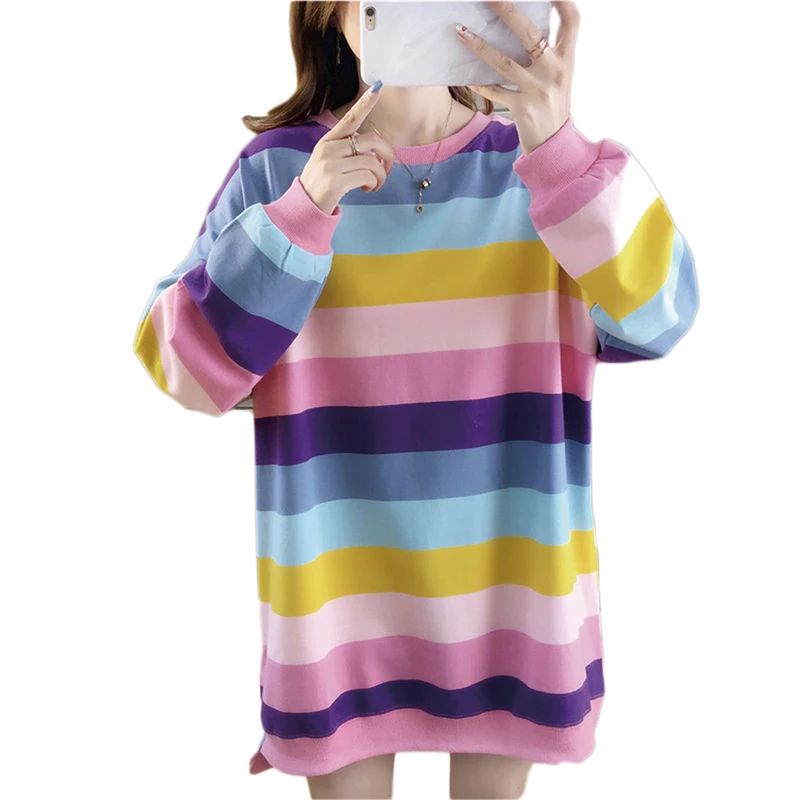 

CN 2021 Autumn Women weatshirt Fashion Rainbow Striped Casual Long Sleeve Hoodies Loose O Neck Oversized Hoodies Women