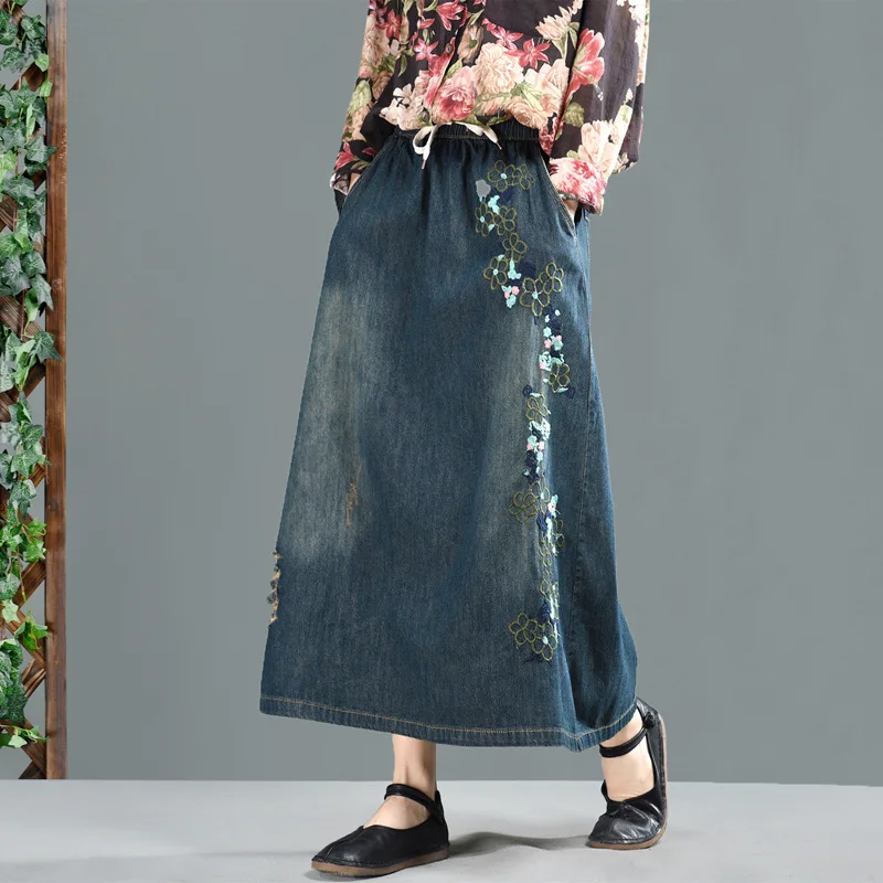 Искусственно состаренные арт длинные джинсовые юбки для женщин Большие размеры