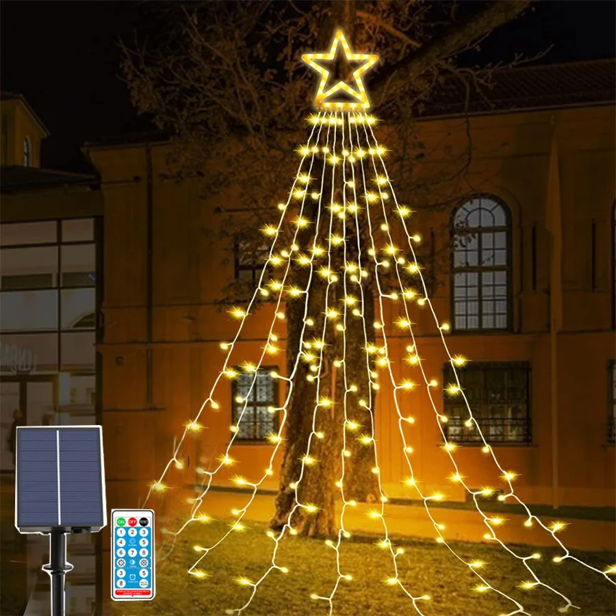 

9X3.5M Star String Light 320 LED Waterfall Christmas Tree Light with Topper Star Christmas Garland Light for Party Holiday Decor