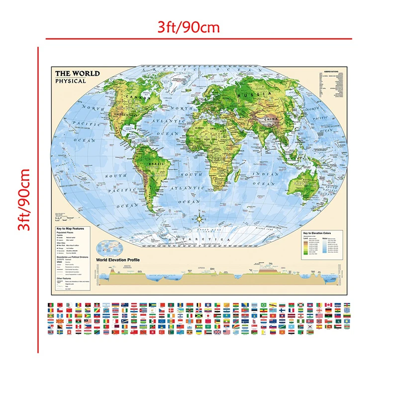 Карта мира из нетканого материала 90*90 см с национальными флагами винтажный
