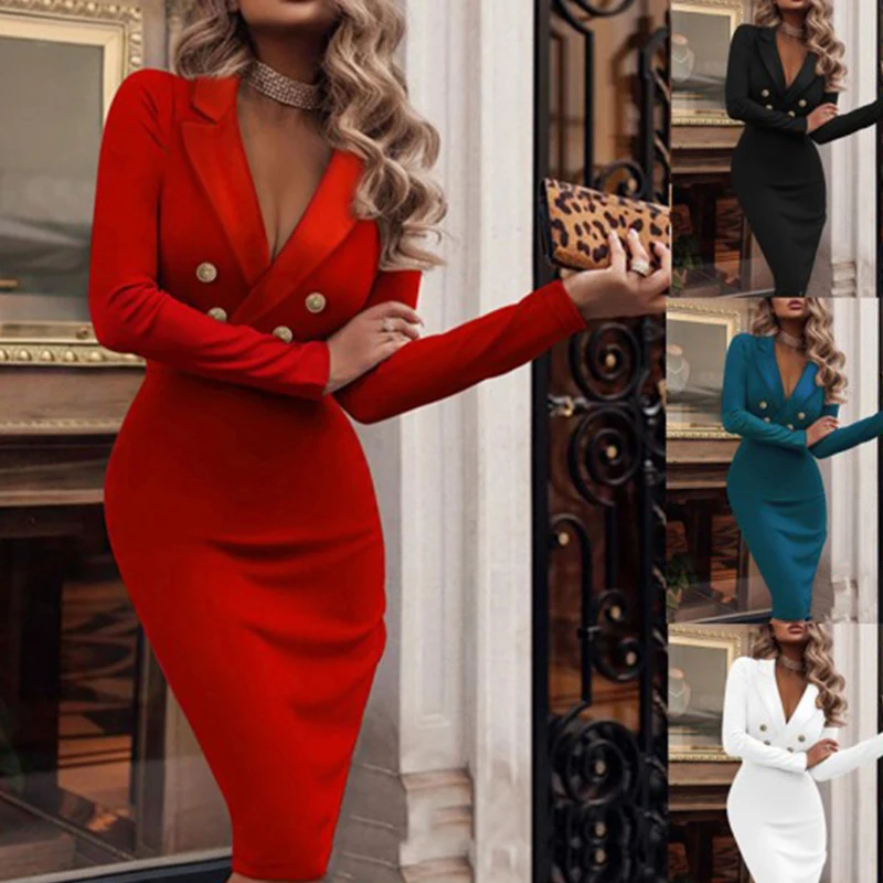 

Женское двубортное платье с V-образным вырезом, однотонное облегающее платье с отложным воротником, Осень-зима 2021