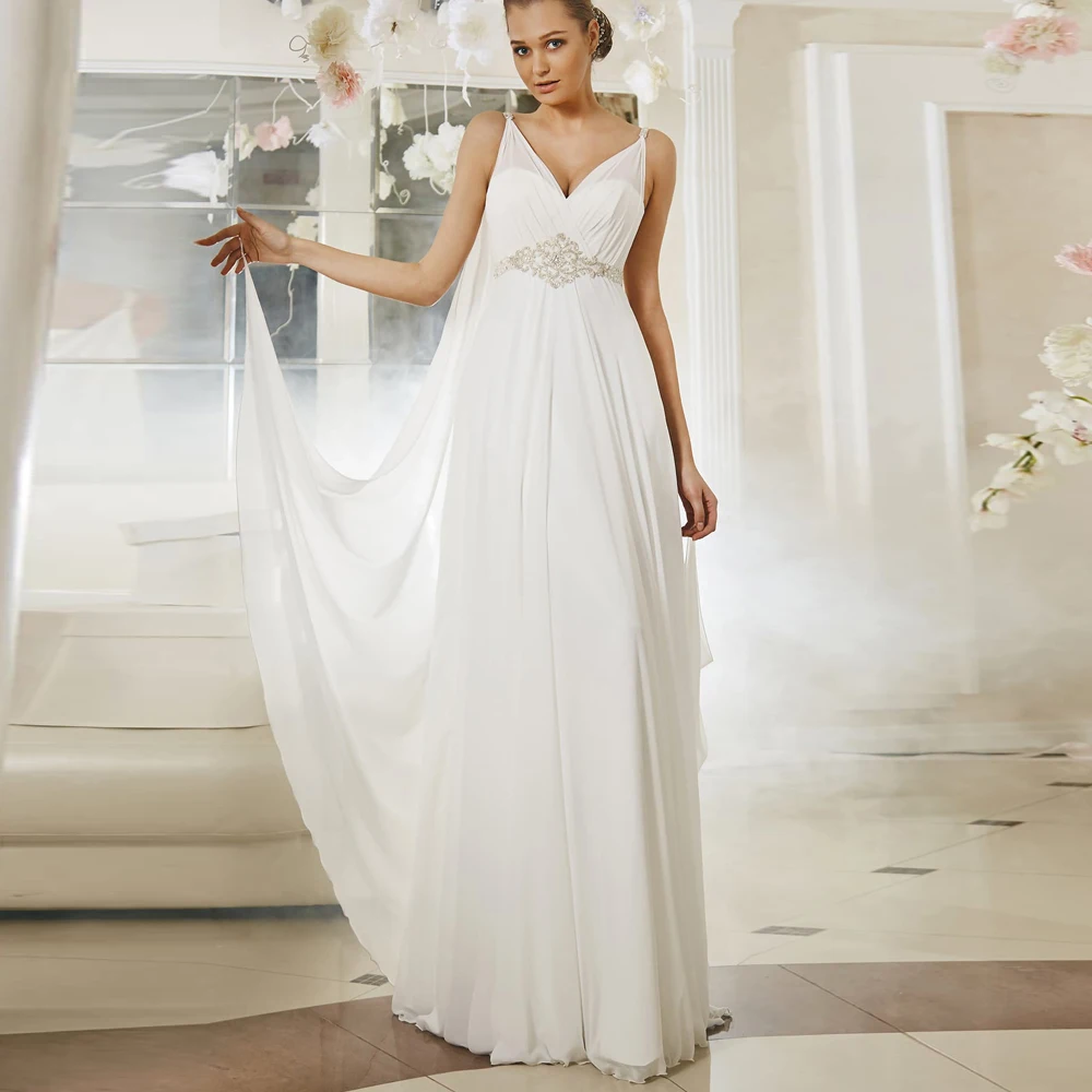 

Vestidos Charming Wedding Dresses Chiffon Sashes Pleat V-Neck Sleeveless Zipper A-Line Bridal Gowns