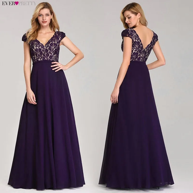 Ever Pretty Robe De Soiree длинные кружевные вечерние платья элегантные трапециевидные черные вечерние платья с v-образным вырезом и короткими рукавами EP07344BK