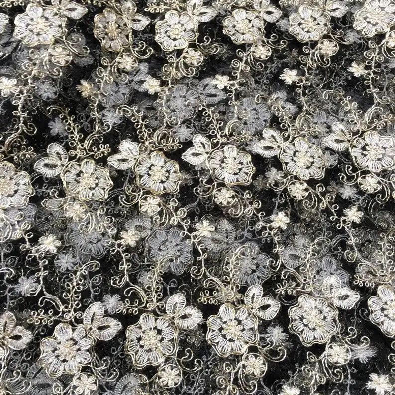 

Golden Corded Lace Fabric Retro Gold Embroidery Floral Lace Mesh 49 inches Wide For Wedding Dresses, Gowns, Garments 0.5 Meter