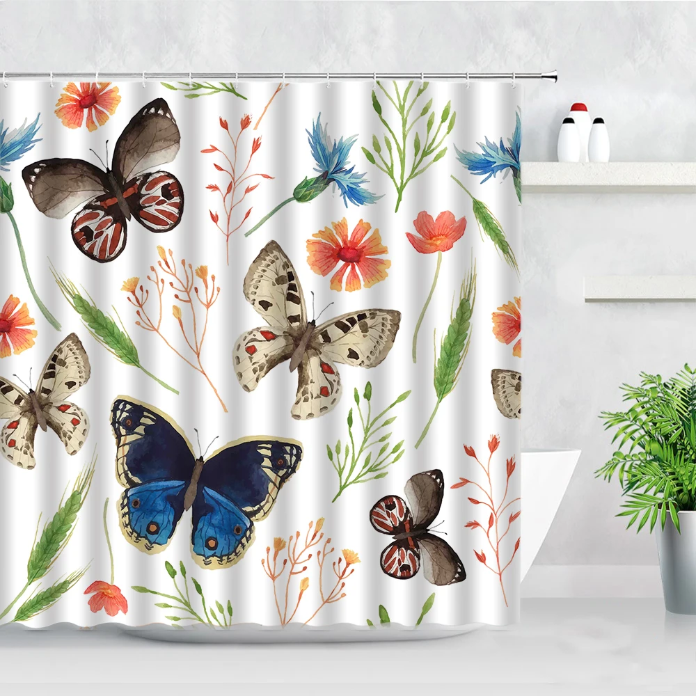 

Water Color Butterfly Shower Curtains Fabric Bathtub Screen Flower Green Plants Nordic Style Modern Bathroom Decor Hooks Curtain