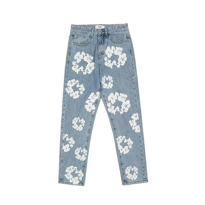 Casual Print Vibe Style Patchwork Mens Jeans Straight Flower Pants Harajuku Ripped Oversize Denim Trousers Harajuku Streetwear