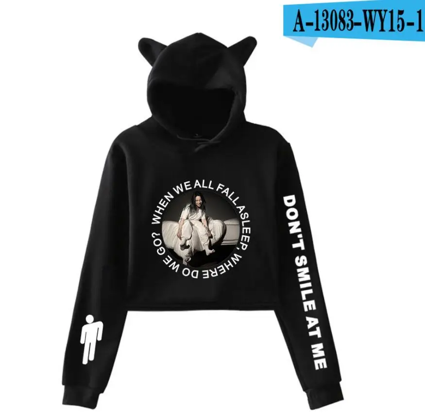 Kpop Billie Eilish Женская толстовка укороченный топ с кошачьими ушками и капюшоном мягкая Толстовка Harajuku зимние женские толстовки открытые Большие размеры 4XL - Цвет: model 16