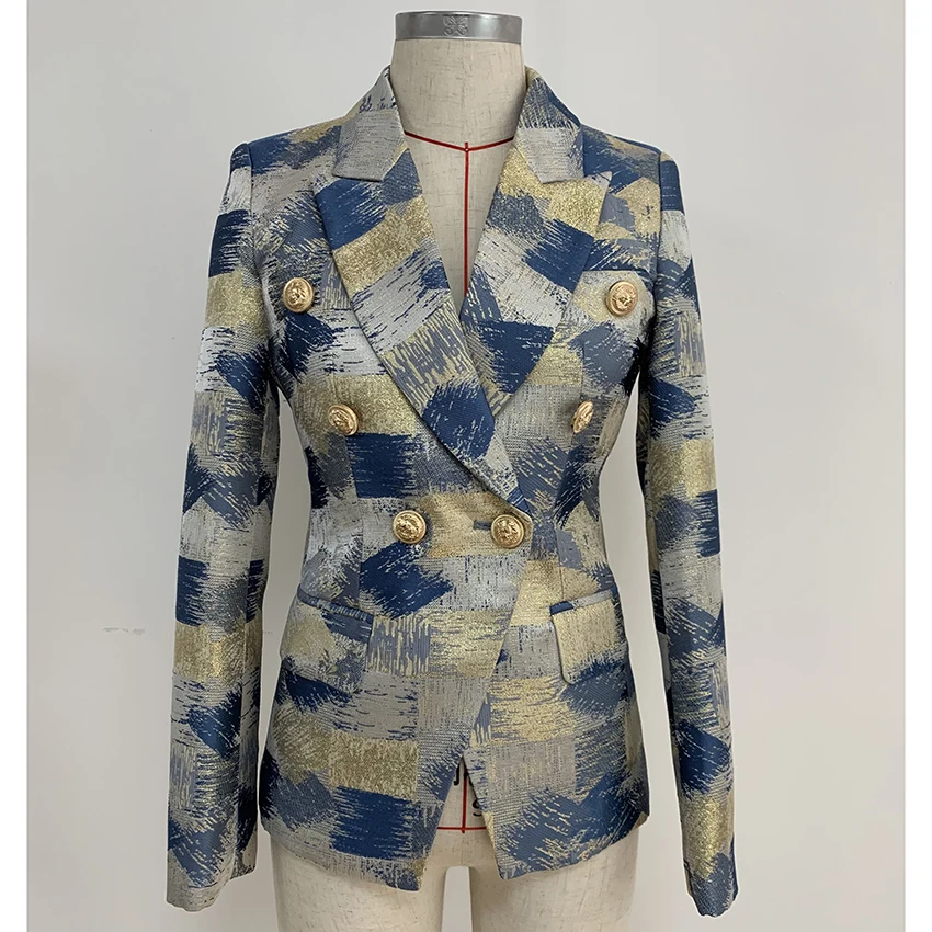 

2021 Women's Lion Buttons Double Breasted Jacquard Blazer Jacket Outer Wear