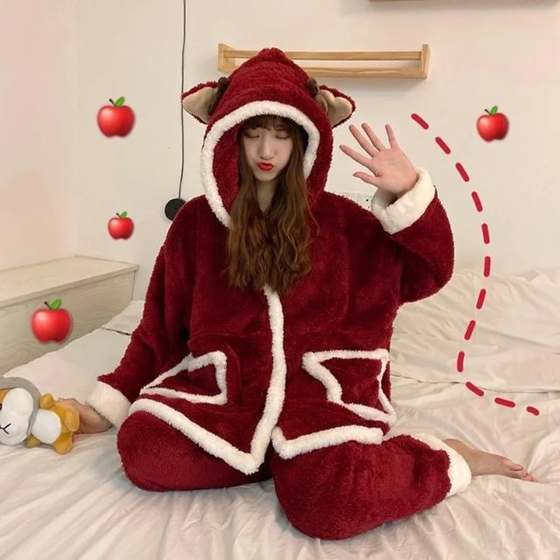 Pajamas Christmas Pajamas Set Female Comfortable Outer Wear Loungewear Students Cute Age Reduction Warm Loose Suit Sleepwear