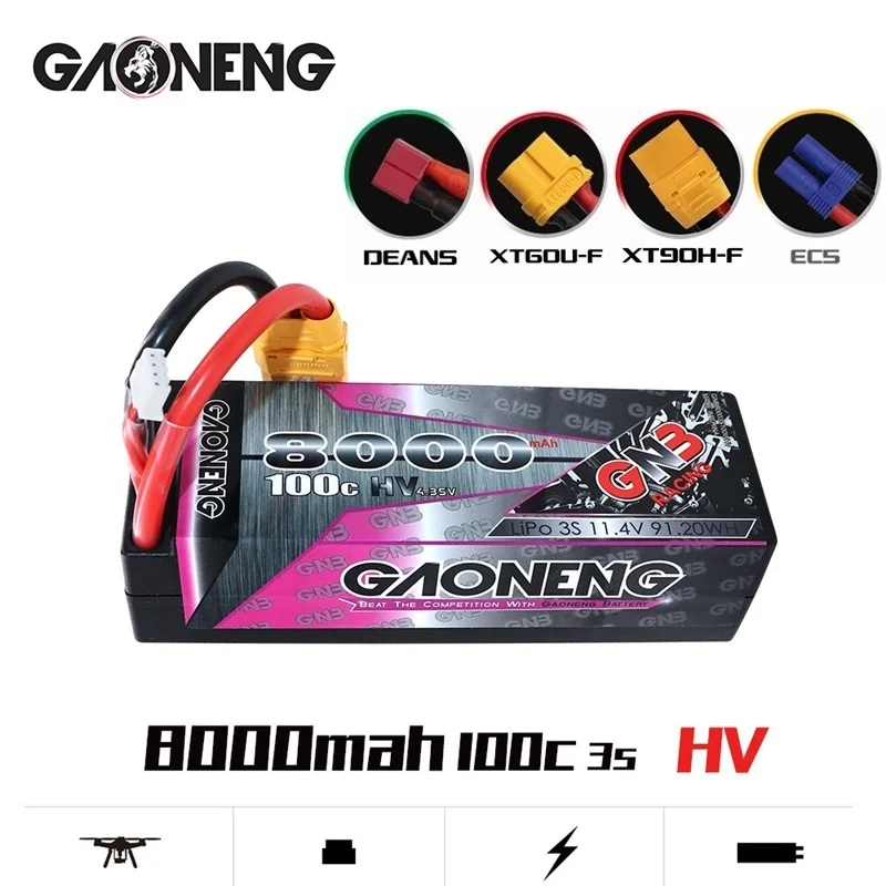 

1-2pcs Rechargeable battery GAONENG GNB 11.4V HV 8000mAh 3S2P 100C with XT90 Connectors for RC Car four drive off-road RC Boat