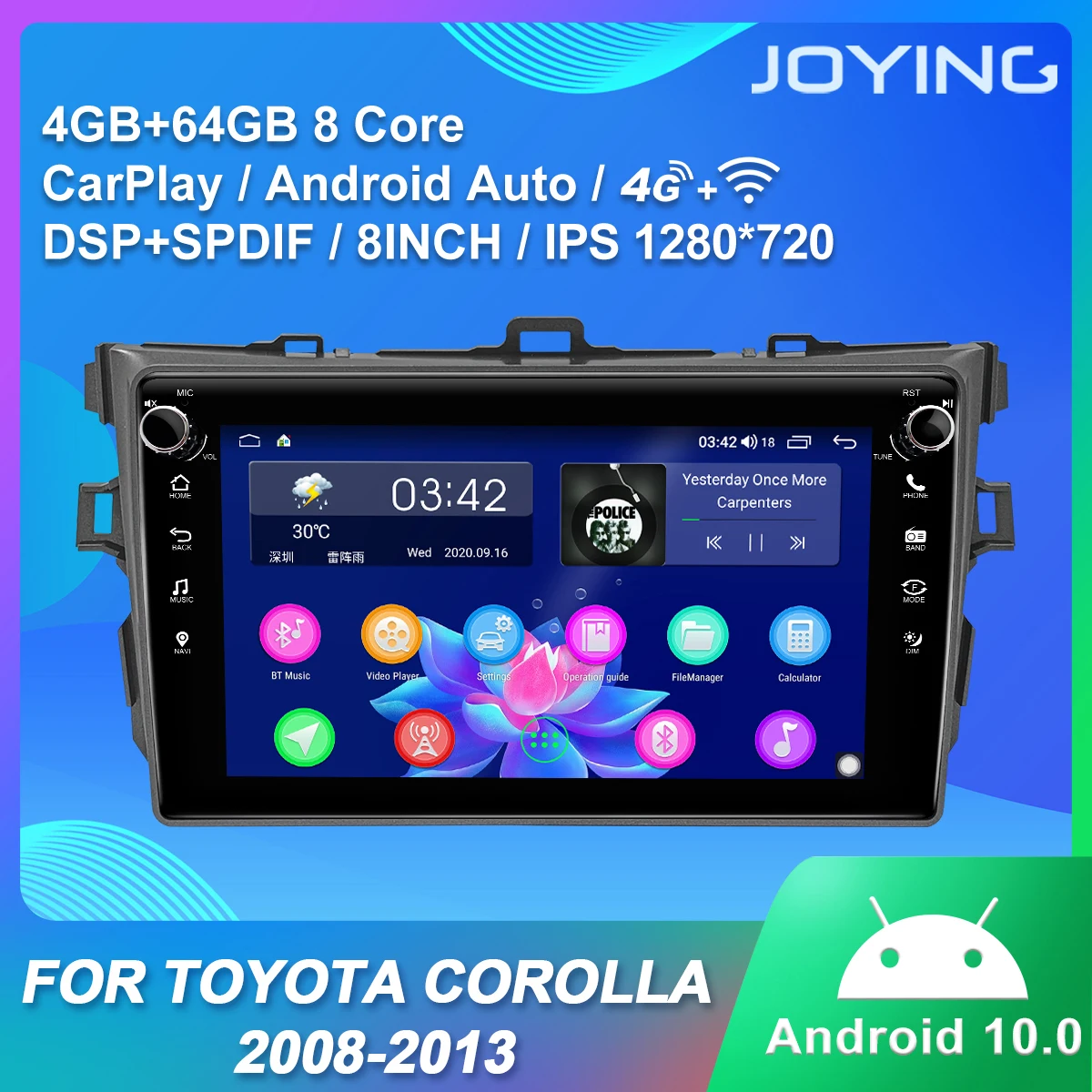 

Joying Radio Tape Recorder 1 din Android 10 Head Unit Stereo Bluetooth 8 Inch GPS For Toyota Corolla 2008-2013 4GB Ram 64GB Rom