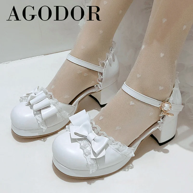 

AGODOR High Heels Two Piece Women Shoes Platform Chunky Heel Lolita Pumps Bow Buckle Ladies Footwear Cosplay 2021 Spring Pink 48