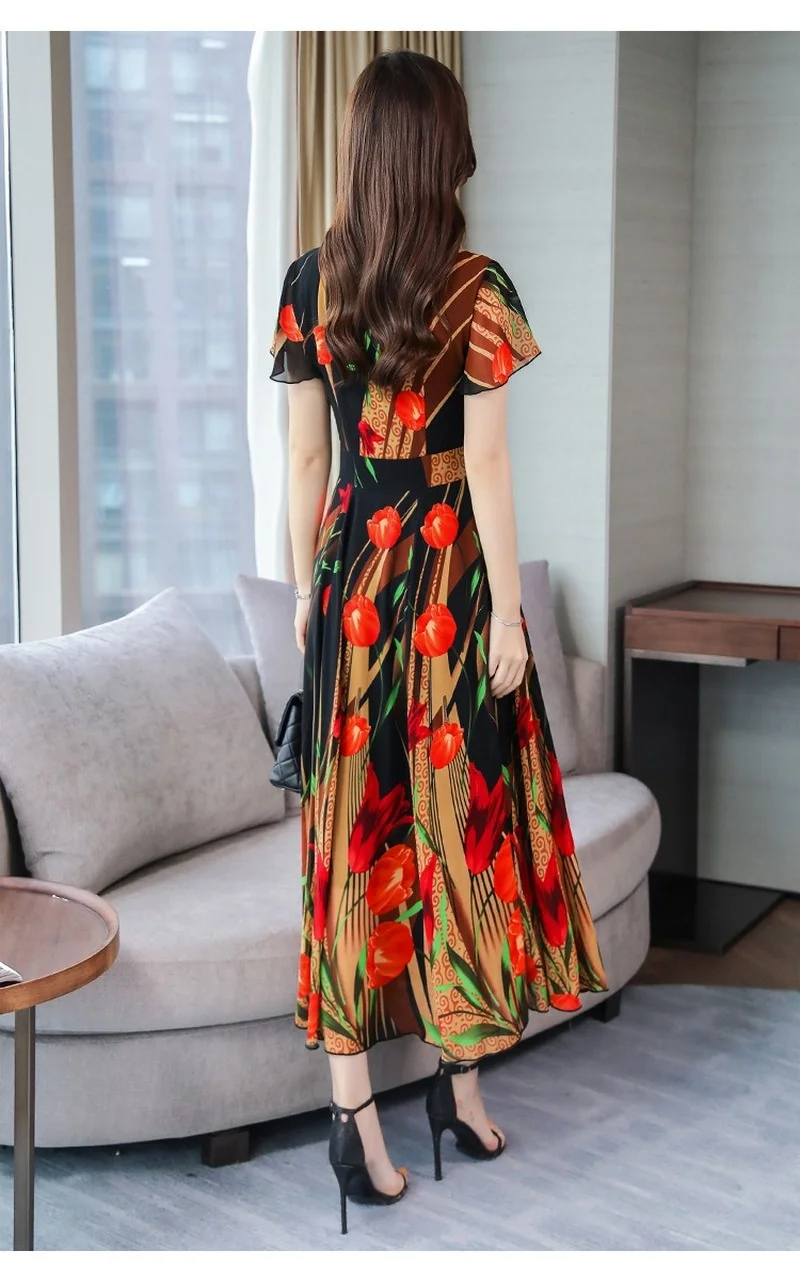 

WEPBEL 2021 Summer New Women's V-Neck Long Dress Ladies Short Sleeve High Waist Floral Print Plus Size Chiffon Dress