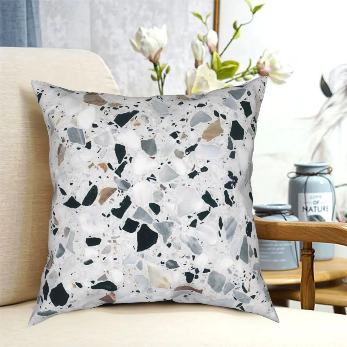 

Terrazzo Black White Grey And Bronze Square Pillowcase Creative Zip Decorative Home Cushion Cover