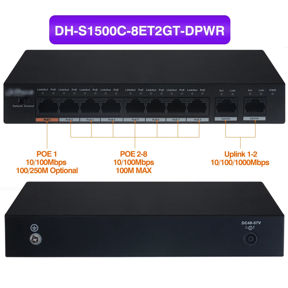 PoE коммутатор Dahua 4 канала DH-S1500C-4ET2ET-DPWR 8 каналов DH-S1500C-8ET2GT-DPWR сетевой Ethernet макс. 250 м