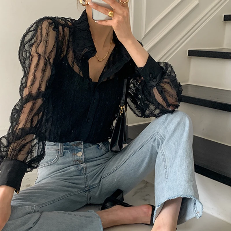 

RUGOD 2021 lapel temperament lace shirt women